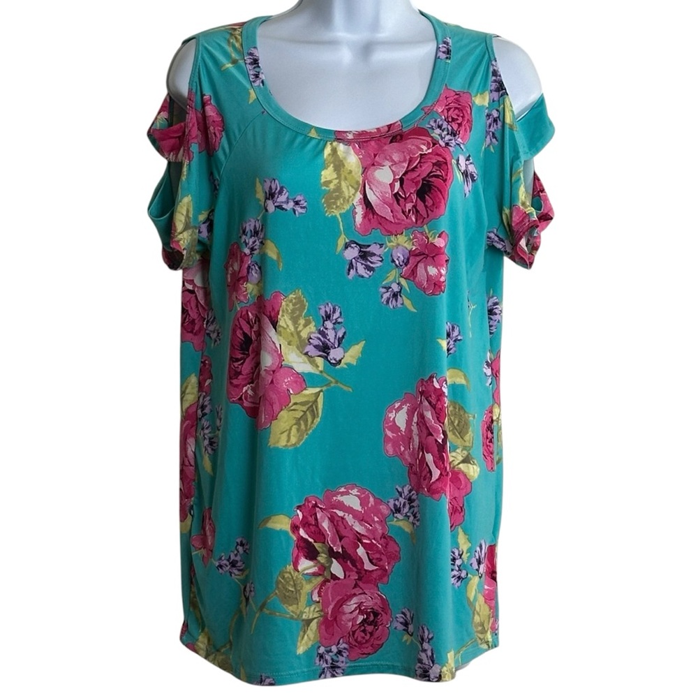 PS Kate | Women’s Large Teal Blue Cold Shoulder Floral Cut-out Short Sleeve Top